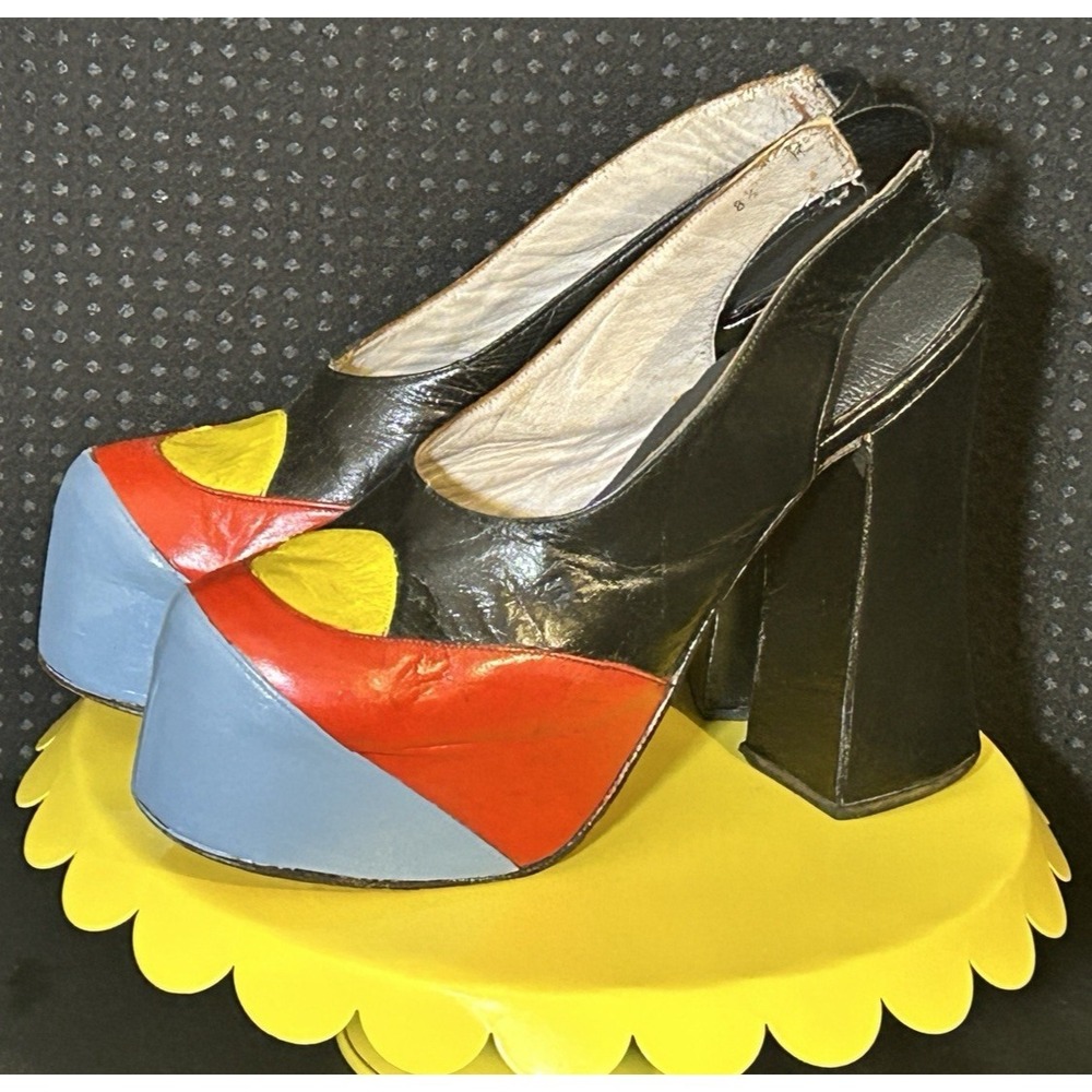 RARE Vintage 1970's Nina Platform Black Red Blue Disco Shoes 8.5